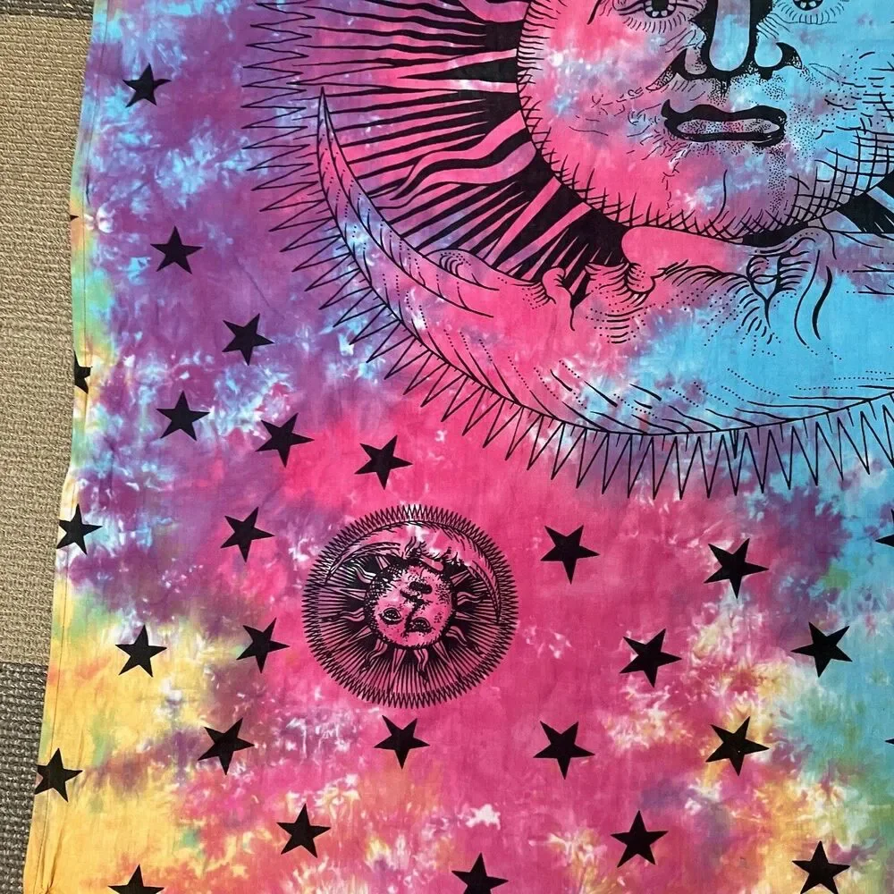 Psychedelic Sun Moon Stars Tie Dye Mandala Tapestry Hippie Hippy Celestial Wall